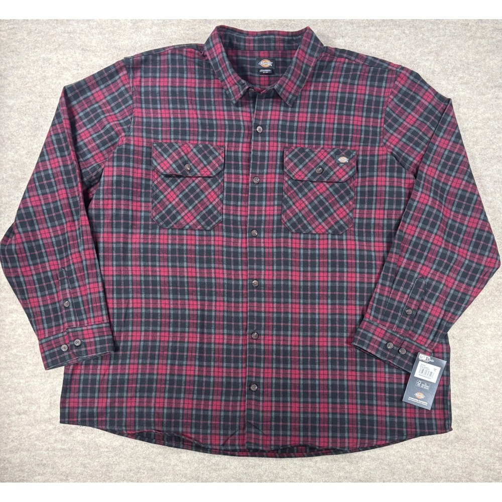 Dickies Mens 3XL Red Black Plaid Flannel Long Sleeve Button Down Shirt A879LK74